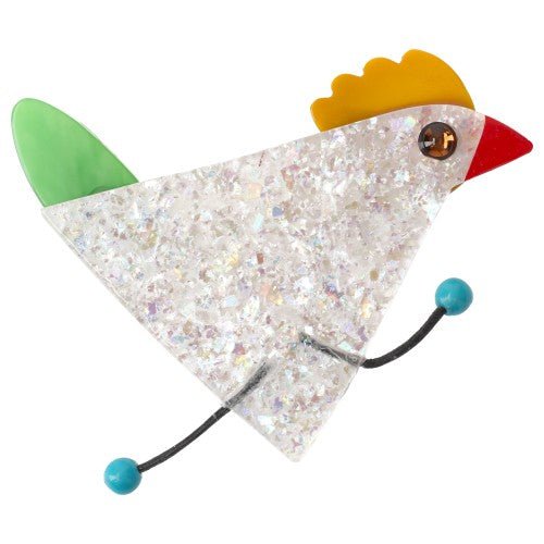 Brilliant white, yellow and anise green Cocotte Hen Brooch - Galalith – Vintage Jewelry - handcrafted by Pavone by Pavone