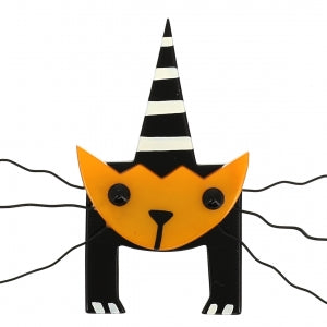 Yellow Mascot Cat Brooch with black and white stripes