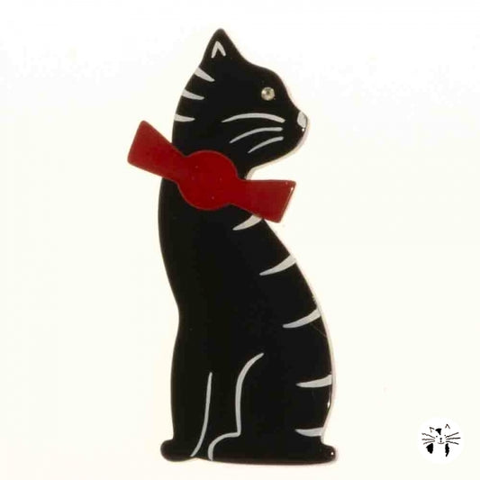 Black bow Cat Brooch with a Red Bow