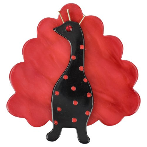 Black with red polka dots and Red Peacock Bird Brooch