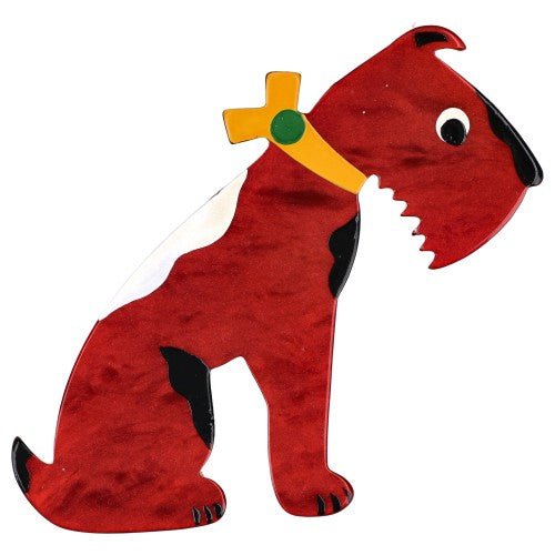 Burgundy Red Solito Dog with a Yellow Collar Brooch - Galalith – Vintage Jewelry - handcrafted by Pavone by Pavone