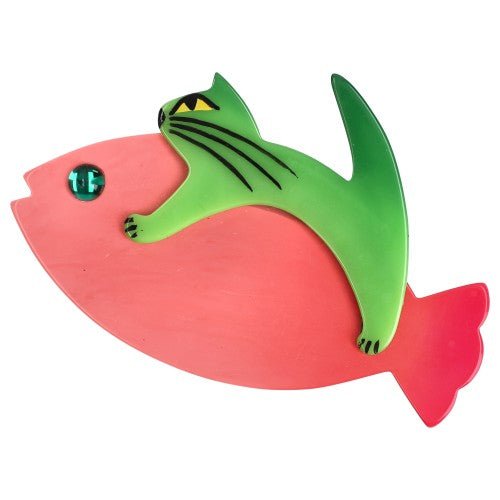 Candy Pink and Anise Green Sinbad Cat Brooch (small size) - Galalith – Vintage Jewelry - handcrafted by Pavone by Pavone