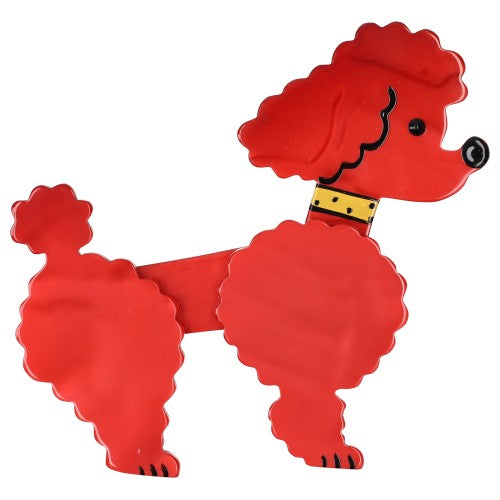 Red Ari Poodle Dog Brooch with a yellow necklace