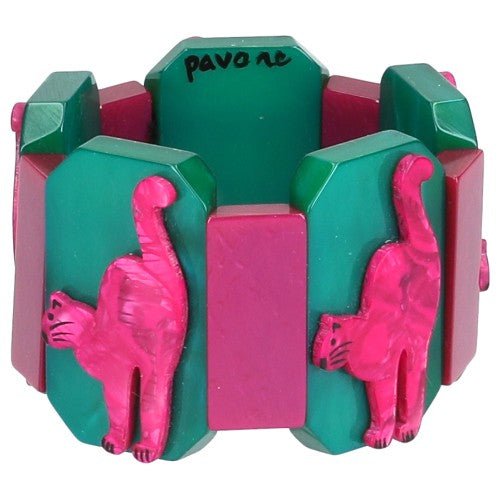 Fuchsia Pink Cat Silhouette on Green and Fuchsia Pink Bracelet - Galalith – Vintage Jewelry - handcrafted by Pavone by Pavone