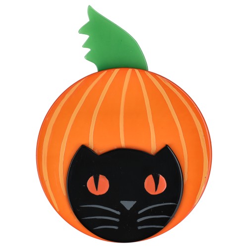 Orange and Black Pumpkin Cat Biscornu Family Brooch 