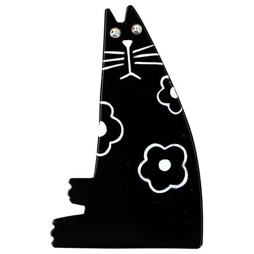 Black with White Flowers Sitting Chadok Cat Brooch - Galalith – Vintage Jewelry - handcrafted by Pavone by Pavone
