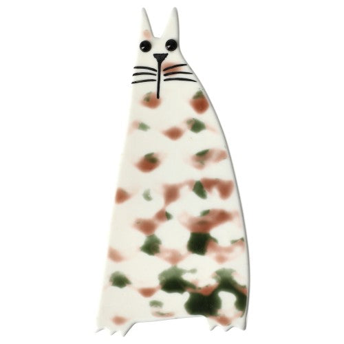 White with Green and Pink Spots Standing  Chadok Cat Brooch 