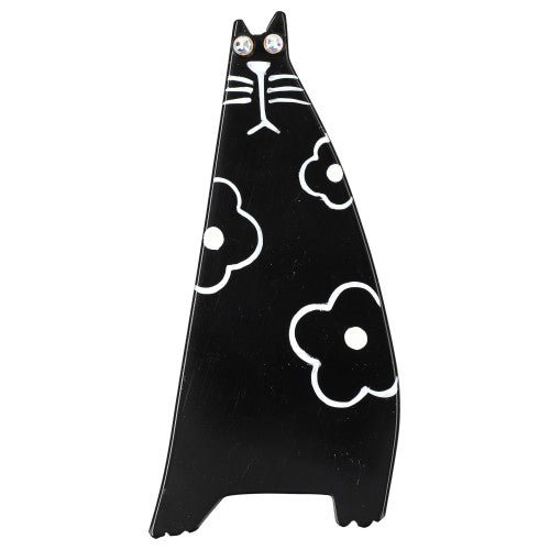Black with White Flowers Standing Chadok Cat Brooch - Galalith – Vintage Jewelry - handcrafted by Pavone by Pavone