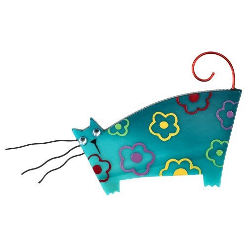 Ocean Blue with Multicolored Flowers motif Walking Chadok Cat Brooch - Galalith – Vintage Jewelry - handcrafted by Pavone by Pavone