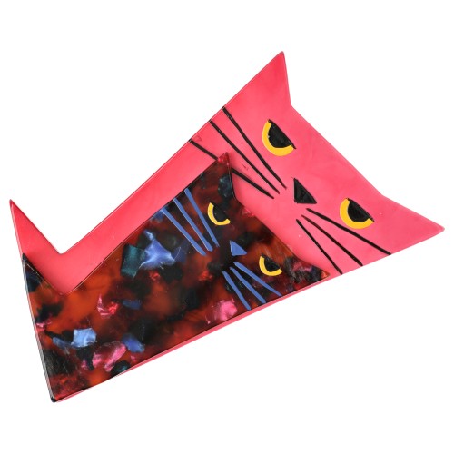 Candy Pink and Blue-Brown-Purple Stippling Chartreuse Cat Brooch