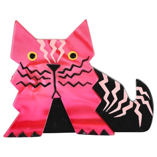 Hot Pink and Black Deco Cat Brooch 