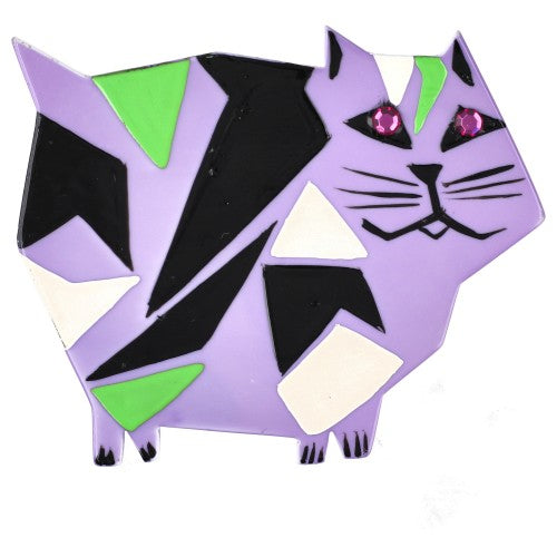 Lilac Purple and Green, Black and White African Cat Brooch 