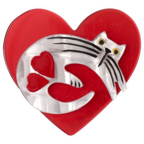 Pearly White Cat on Pearly Red Heart Brooch (small size) 