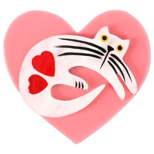 Pearly White Cat on Pink Heart Brooch (small size) 