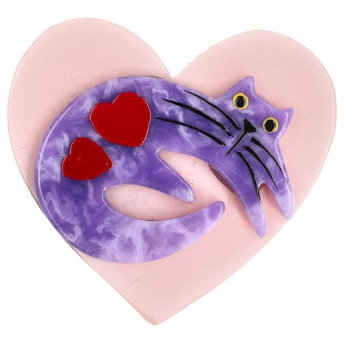 Lilac Purple Cat on Pink Heart Brooch (small size)