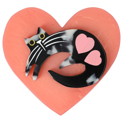 Black and White Cat on Light Pink Heart Brooch