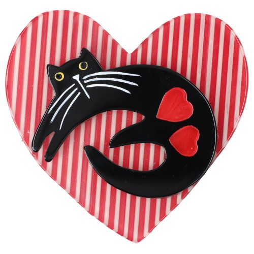 Black Cat on Striped Red Heart Brooch