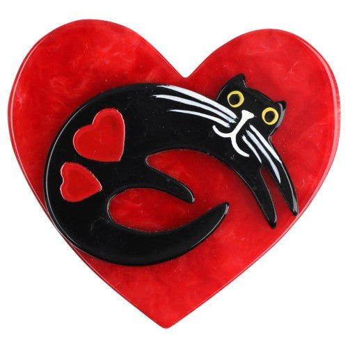 Black Cat on Pearly Red Heart Brooch (small size) - Galalith – Vintage Jewelry - handcrafted by Pavone by Pavone