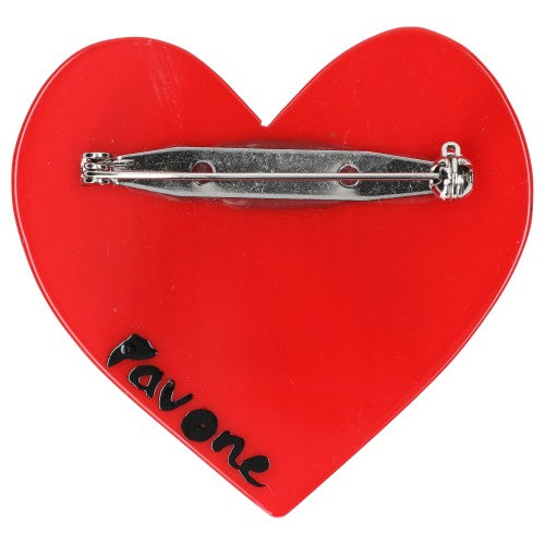 Black and White Striped Cat on Red and White Striped Heart Brooch (middle size) back side