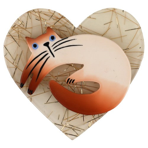 Siamese Cat on Cream Heart with Gold Glitter Brooch (middle size)