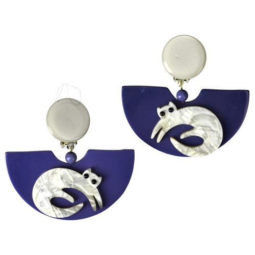 Pearly White Cat on Navy Blue Earrings 