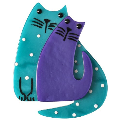 Turquoise and Blue with Polka Dots Cat Couple Brooch