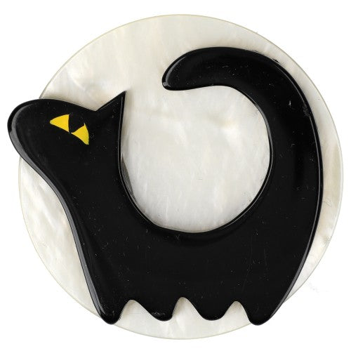 Black Cat on Pearly White Moon Brooch