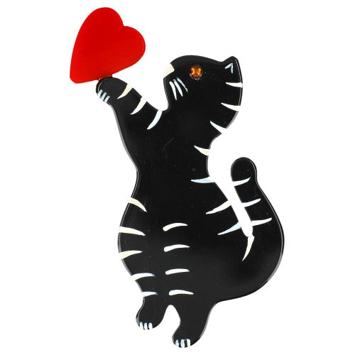 Black and White Standing Valentine Cat Brooch with a Red Heart