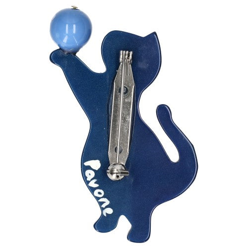 Navy and Azur Blue Standing Cat Brooch  (small size) Back Side