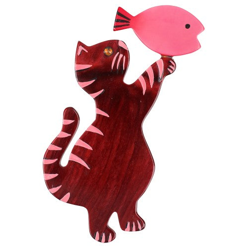 Bordeaux and Pink Standing Cat Brooch with Pink Fish