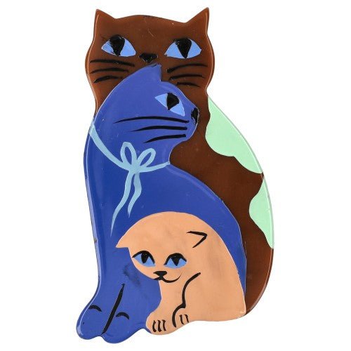 Brown, Blue and Beige Pink Family Cat Brooch - Galalith – Vintage Jewelry - handcrafted by Pavone by Pavone