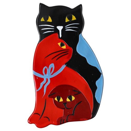 Black, Scarlet Red and Burgundy Red Family Cat Brooch - Galalith – Vintage Jewelry - handcrafted by Pavone by Pavone