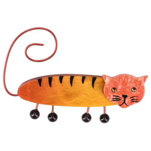 Ocher Yellow and Coral Red Slinky Cat Biscornu Family Brooch