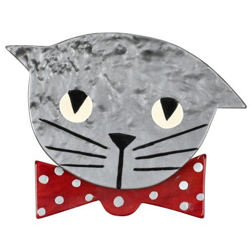 Silver Grey and Carmin Bow Tie Cat with polka dots - Galalith – Vintage Jewelry - handcrafted by Pavone by Pavone