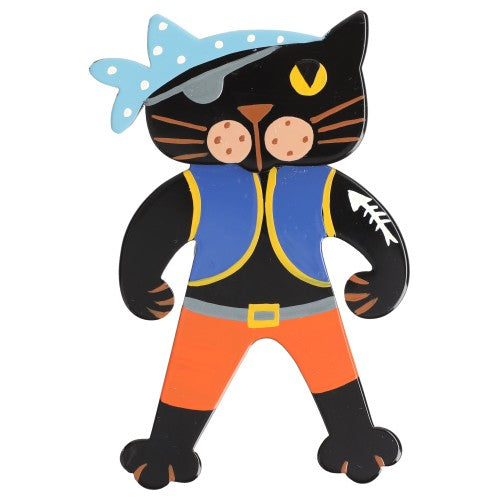 Black, bleu and orange Pirate Cat Brooch (little one)