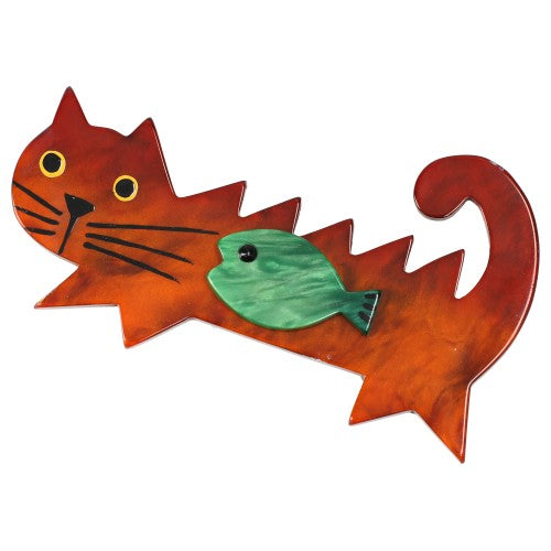 Ginger and gren Fish Cat Brooch