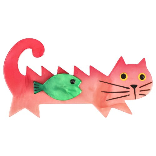 Pink and Green Fish Cat Brooch