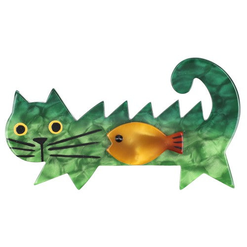 Moss Green and Yellow Pink Fish Cat Brooch