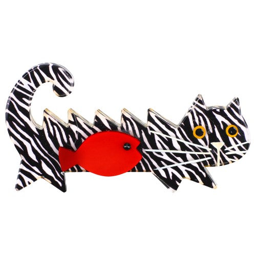 Black-White Zebra  and Red Fish Cat Brooch