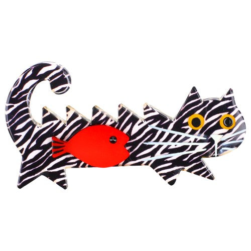 Zebra Black - White and Red Fish Cat Brooch
