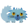 Azur Blue and white striped Rocky Cat Brooch with yellow eyes