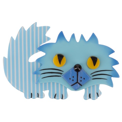 Azur Blue and white striped Rocky Cat Brooch with yellow eyes