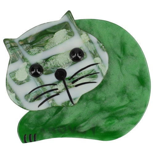 Green and White Roudoudou Cat Brooch with black eyes