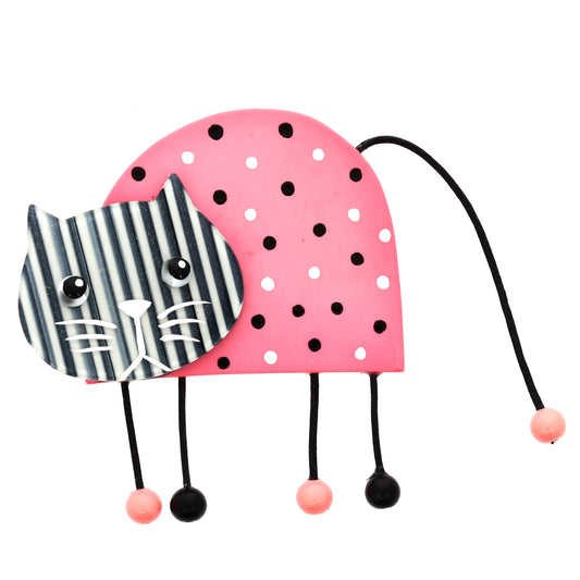 Pink-polka dot Zebulon Cat Brooch with striped head