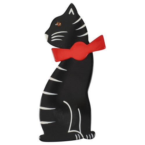 Black bow Cat Brooch with a Red Bow