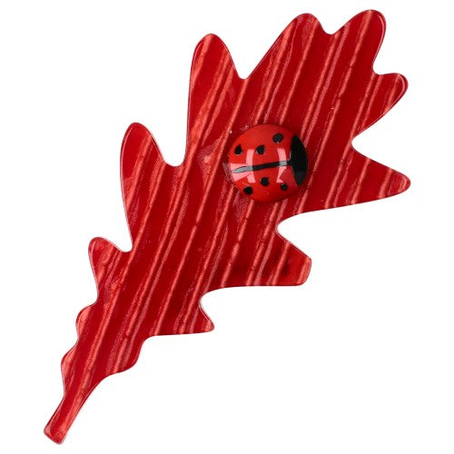 Pearly Red with oOange stripe Oak Leaf Brooch  (small size)
