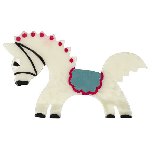 White and Blue Circus Horse Brooch