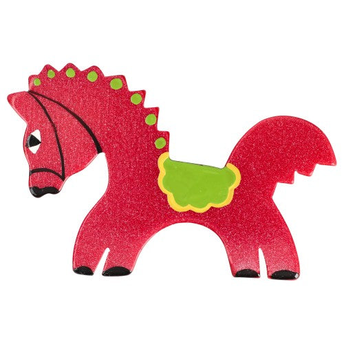 Iridescent Raspberry Rose and Anize Green Circus Horse Brooch