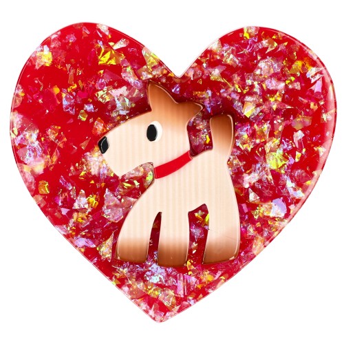  Beige Fox Dog on on Glittery and Shiny Heart Brooch 