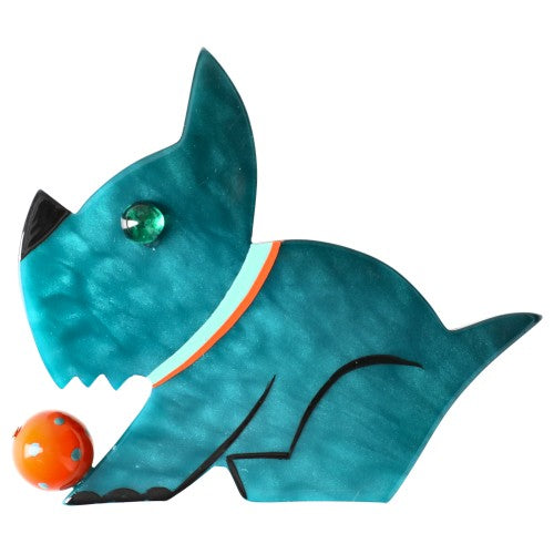 Emerald Blue Lucien Dog Brooch with a orange Ball